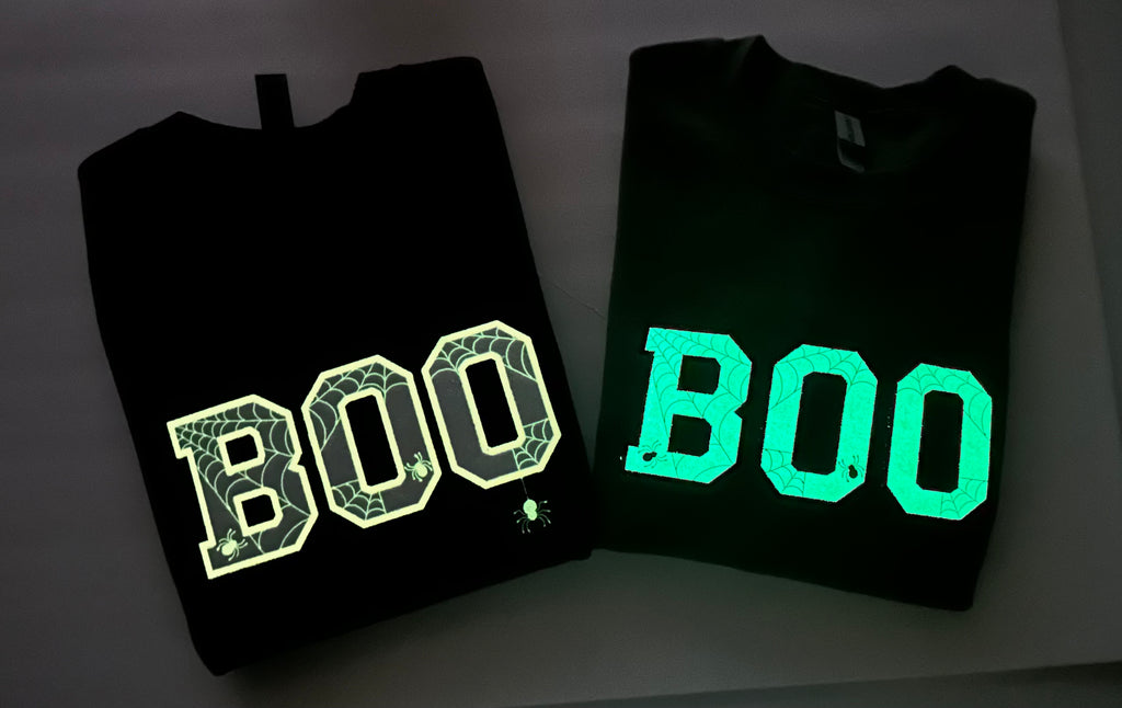Glow-in-the-Dark BOO Sweatshirt | Embroidered Spider Web Halloween Crewneck